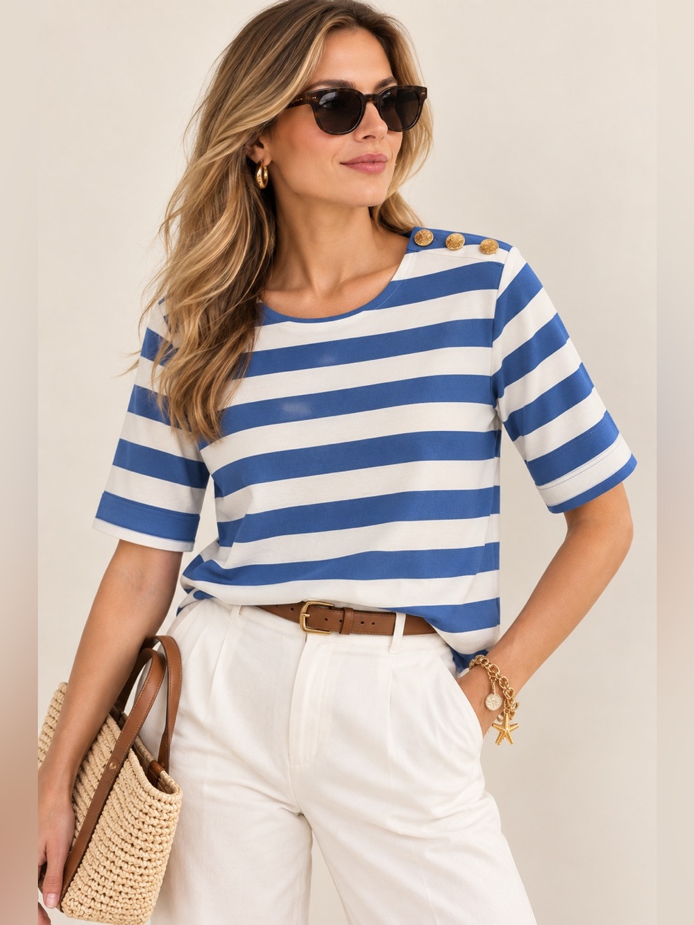 J.Crew Striped Cotton Shoulder Button Top Blue Cream XL NWOT